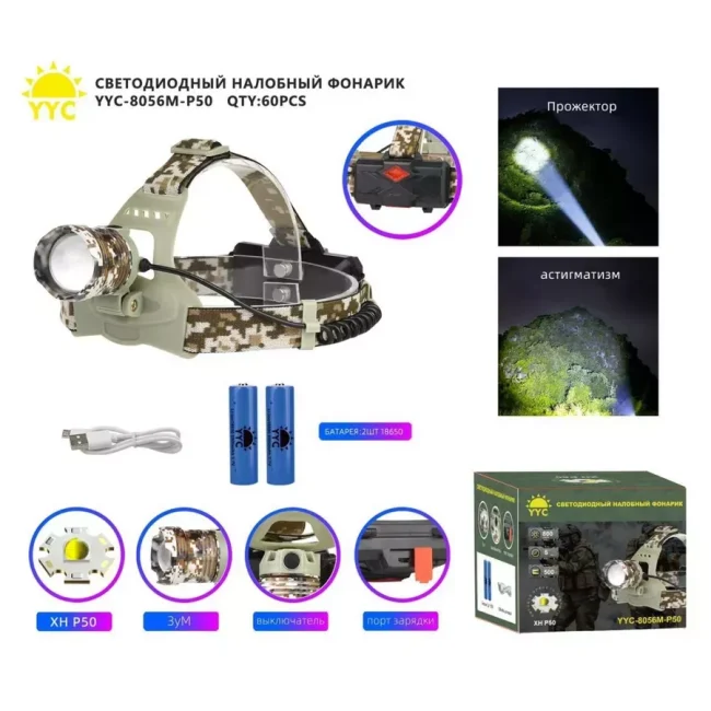 Фонарь налобный аккумуляторный 18650